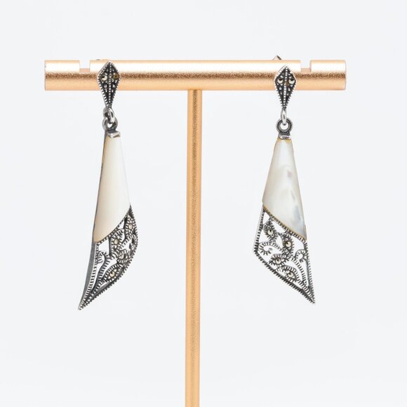 Vintage Sterling Silver MOP Marcasite Dangle Stud Earrings - Picture 3 of 7